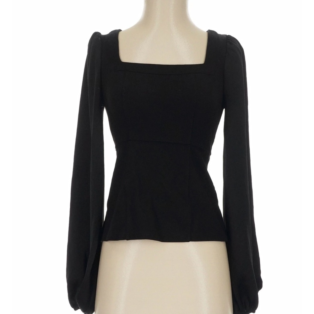 Maeve Anthropologie Black Square Neck Balloon Sleeve Blouse Mixed Textile